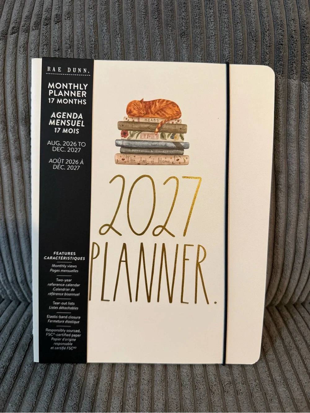Rae Dunn Cream 2027 Planner with Gold Foil and Cat Illustration